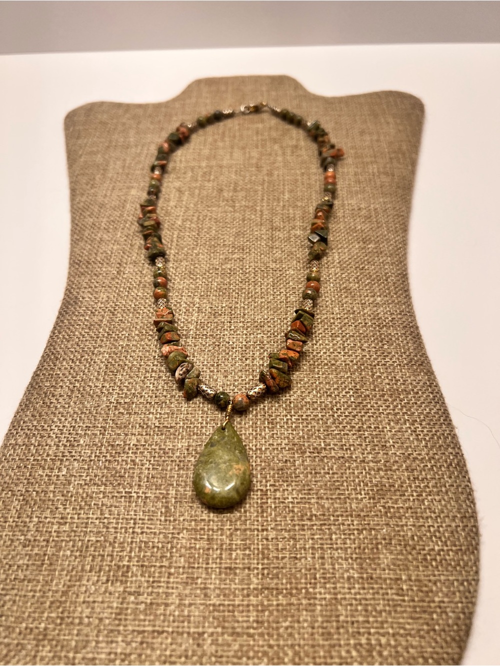 Green Teardrop Stone Pendant Necklace - Natural Olive & Earth Tones